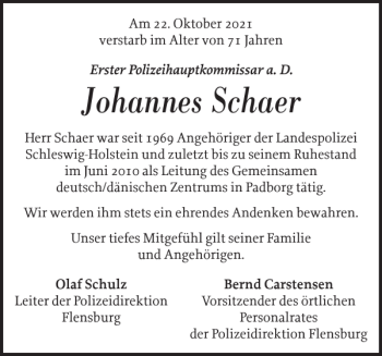 Traueranzeige von Johannes Schaer von Flensburger Tageblatt