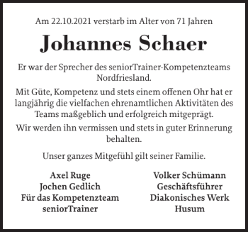 Traueranzeige von Johannes Schaer von Husumer Nachrichten