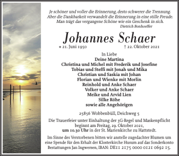 Traueranzeige von Johannes Schaer von Flensburger Tageblatt