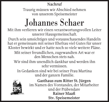 Traueranzeige von Johannes Schaer von Husumer Nachrichten