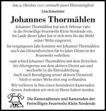 Traueranzeige von Johannes Thormählen von Elmshorner Nachrichten