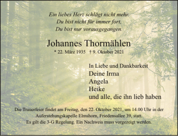 Traueranzeige von Johannes Thormählen von Elmshorner Nachrichten