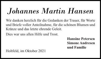 Traueranzeige von Johannes Martin Hansen von Flensburger Tageblatt