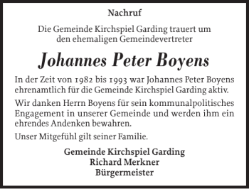 Traueranzeige von Johannes Peter Boyens von Husumer Nachrichten