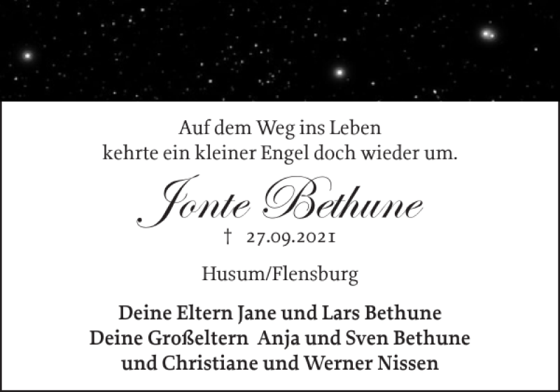 Traueranzeige für Jonte Bethune vom 01.10.2021 aus Husumer Nachrichten