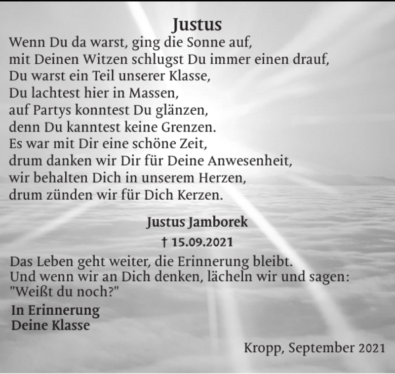  Traueranzeige für Justus  vom 05.10.2021 aus Schleswiger Nachrichten