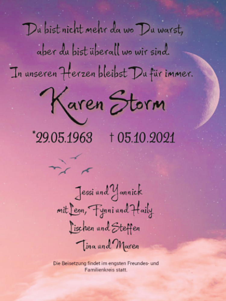  Traueranzeige für Karen Storm vom 16.10.2021 aus Stormarner Tageblatt