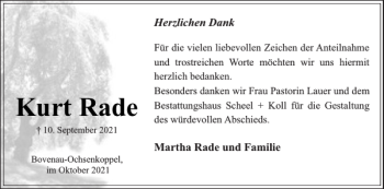 Traueranzeige von Kurt Rade von Landeszeitung
