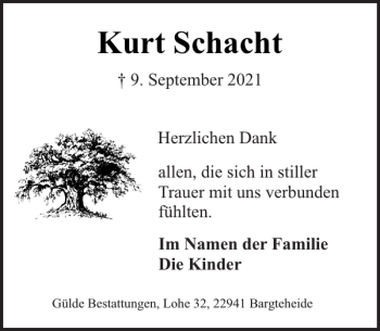 Traueranzeige von Kurt Schacht von Stormarner Tageblatt