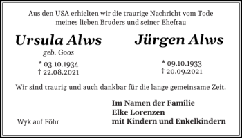 Traueranzeige von Ursula Alws Jürgen Alws von Der Insel-Bote