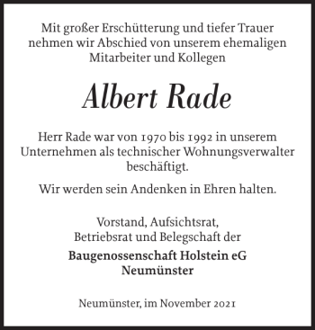 Traueranzeige von Albert Rade von Holsteinischer Courier