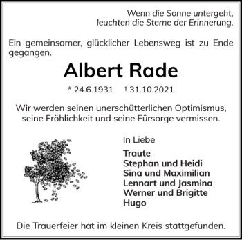 Traueranzeige von Albert Rade von Holsteinischer Courier