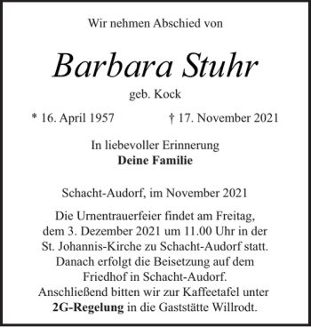 Traueranzeige von Barbara Stuhr von Landeszeitung