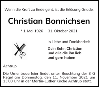 Traueranzeige von Christian Bonnichsen von Nordfriesland Tageblatt