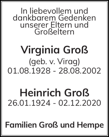 Traueranzeige von Heinrich Groß Virginia Groß von Landeszeitung