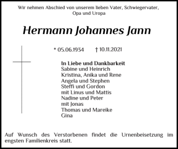 Traueranzeige von Hermann Johannes Jann von Schlei-Bote