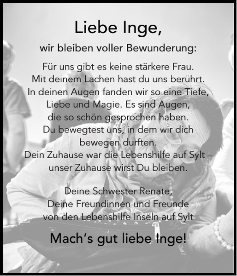 Traueranzeige für Inge  vom 01.11.2021 aus Sylter Rundschau