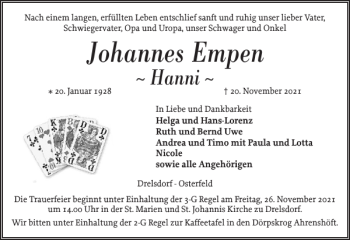 Traueranzeige von Johannes Empen von Husumer Nachrichten