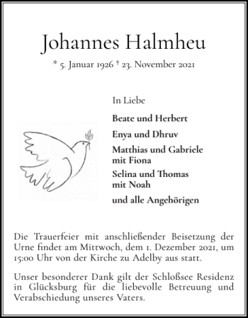 Traueranzeige von Johannes Halmheu von Flensburger Tageblatt