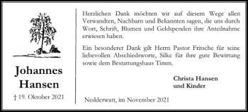 Traueranzeige von Johannes Hansen von Schleswiger Nachrichten