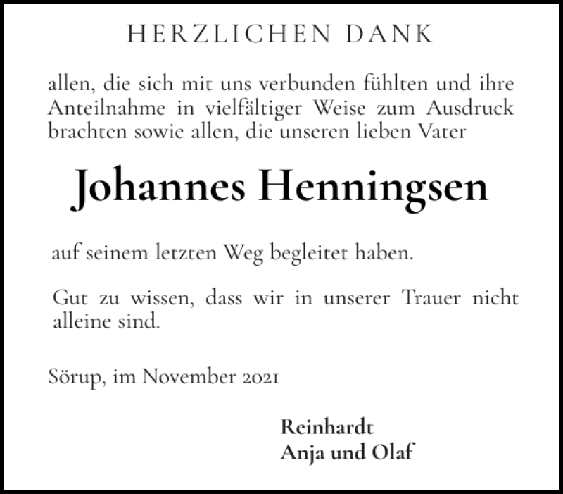  Traueranzeige für Johannes Henningsen vom 13.11.2021 aus Flensburger Tageblatt