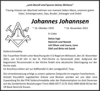 Traueranzeige von Johannes Johannsen von Flensburger Tageblatt