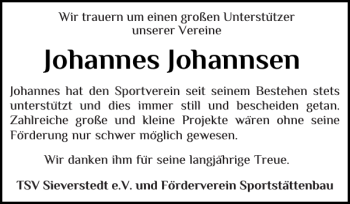 Traueranzeige von Johannes Johannsen von Flensburger Tageblatt