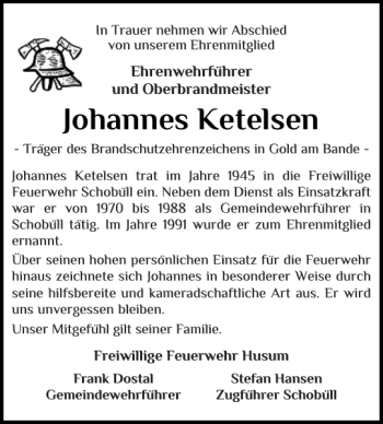 Traueranzeige von Johannes Ketelsen von Husumer Nachrichten