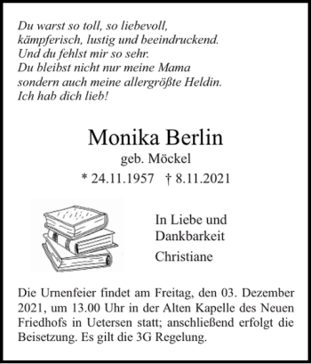 Traueranzeige von Monika Berlin von Uetersener Nachrichten