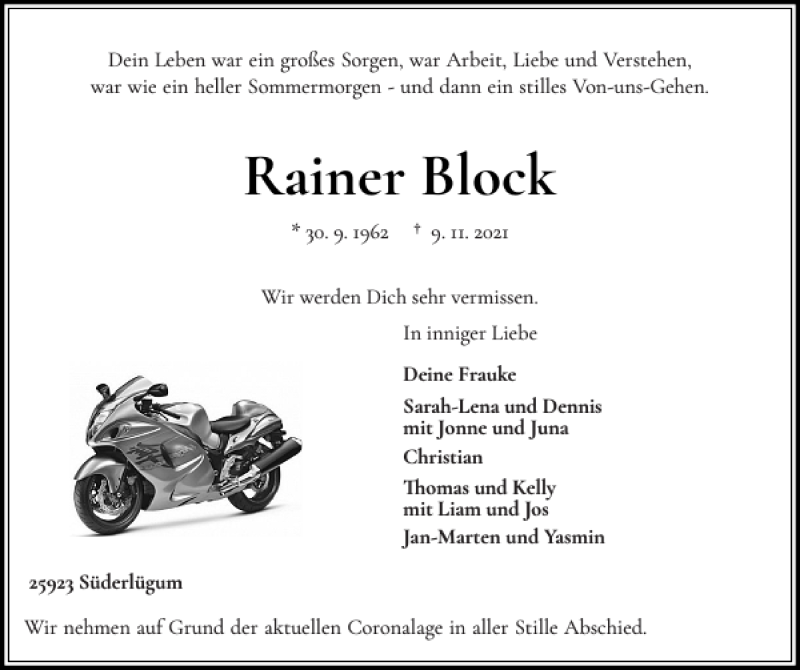  Traueranzeige für Rainer Block vom 13.11.2021 aus Nordfriesland Tageblatt
