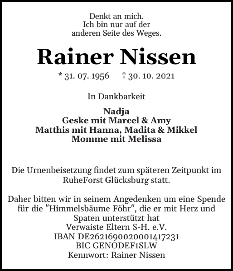  Traueranzeige für Rainer Nissen vom 02.11.2021 aus Der Insel-Bote