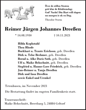 Traueranzeige von Reimer Jürgen Johannes Dreeßen von Schleswiger Nachrichten