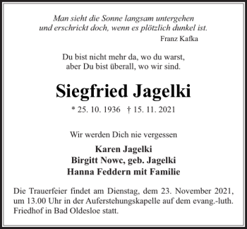 Traueranzeige von Siegfried Jagelki von Stormarner Tageblatt