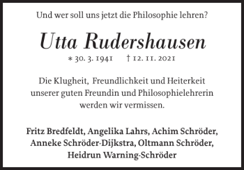 Traueranzeige von Utta Rudershausen von Holsteinischer Courier