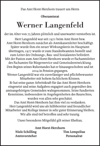 Traueranzeige von Werner Langenfeld von Norddeutsche Rundschau