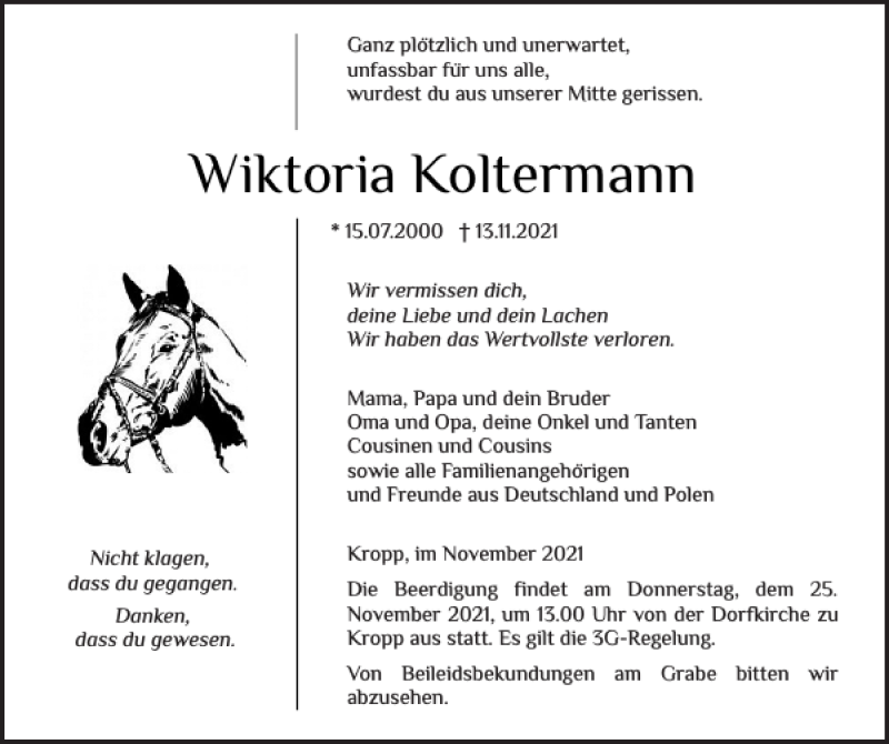  Traueranzeige für Wiktoria Koltermann vom 20.11.2021 aus Schleswiger Nachrichten