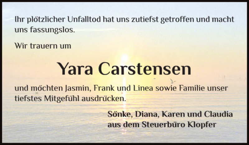  Traueranzeige für Yara Carstensen vom 22.11.2021 aus Schleswiger Nachrichten