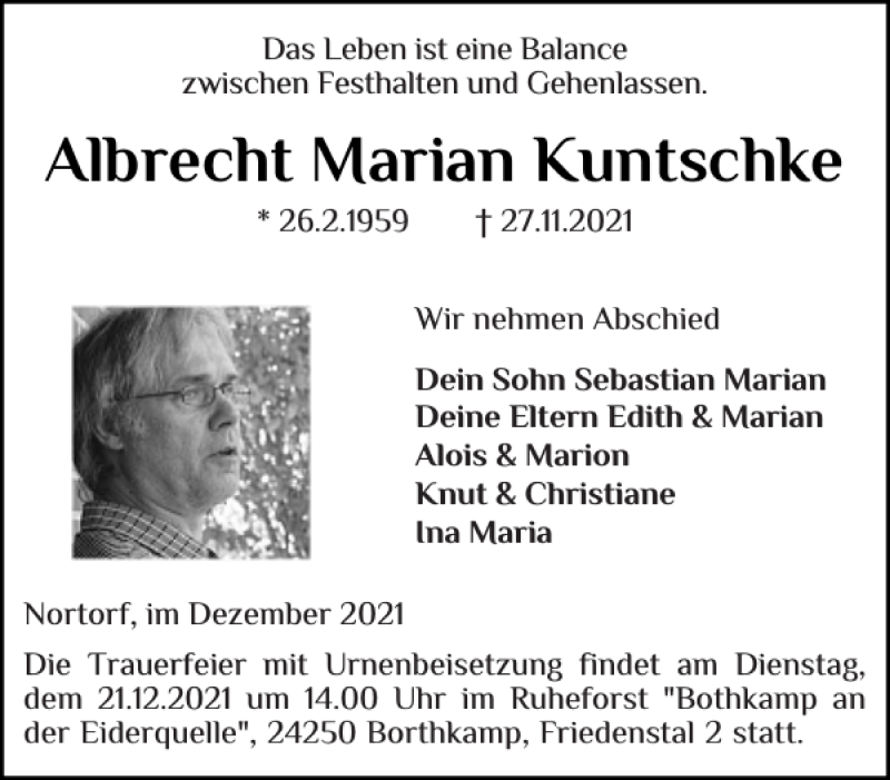  Traueranzeige für Albrecht Marian Kuntschke vom 11.12.2021 aus Holsteinischer Courier