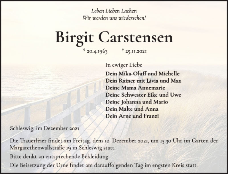  Traueranzeige für Birgit Carstensen vom 04.12.2021 aus Schleswiger Nachrichten