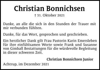 Traueranzeige von Christian Bonnichsen von Nordfriesland Tageblatt