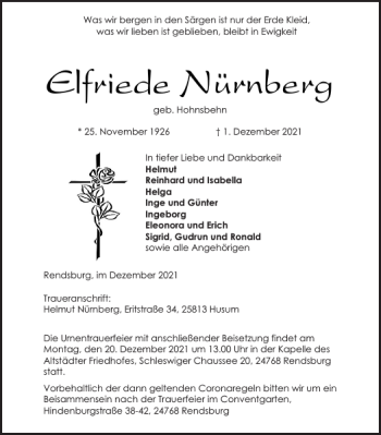 Traueranzeige von Elfriede Nürnberg von Landeszeitung