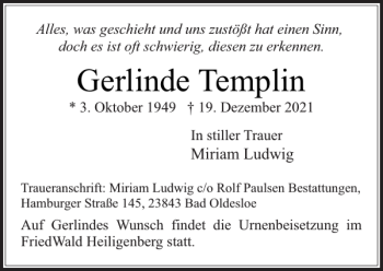 Traueranzeige von Gerlinde Templin von Stormarner Tageblatt