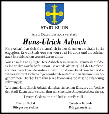 Traueranzeige von Hans-Ulrich Asbach von Ostholsteiner Anzeiger