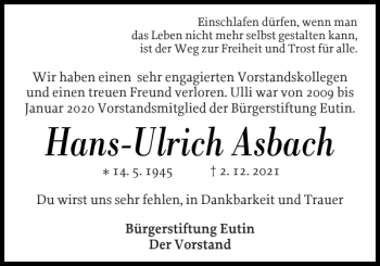 Traueranzeige von Hans-Ulrich Asbach von Ostholsteiner Anzeiger