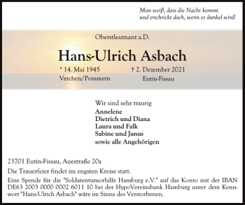 Traueranzeige von Hans-Ulrich Asbach von Ostholsteiner Anzeiger