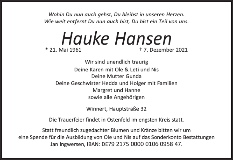  Traueranzeige für Hauke Hansen vom 15.12.2021 aus Husumer Nachrichten