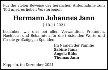 Traueranzeige von Hermann Johannes Jann von Schlei-Bote