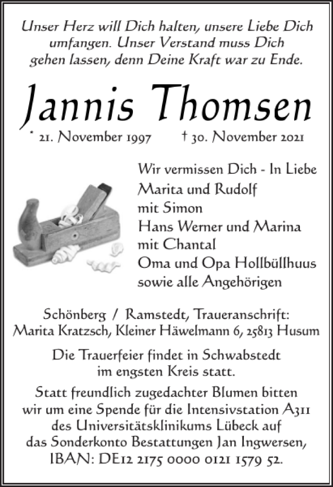  Traueranzeige für Jannis Thomsen vom 08.12.2021 aus Husumer Nachrichten