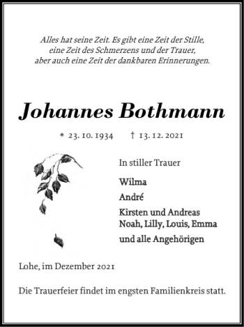 Traueranzeige von Johannes Bothmann von Landeszeitung