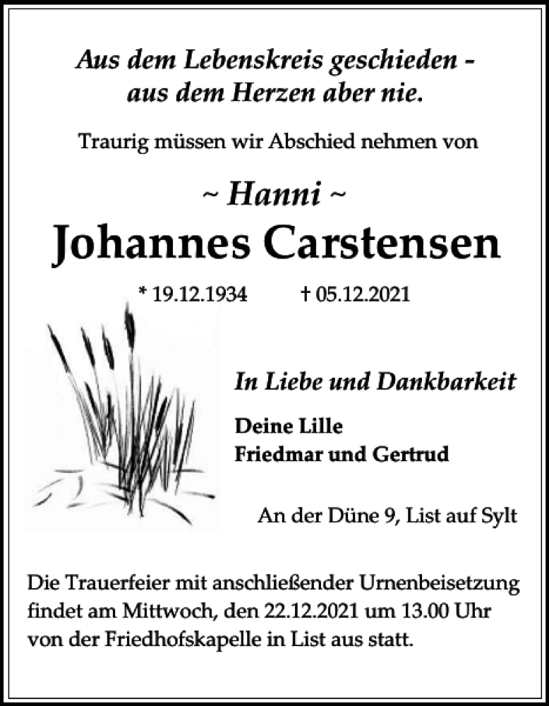  Traueranzeige für Johannes Carstensen vom 16.12.2021 aus Sylter Rundschau
